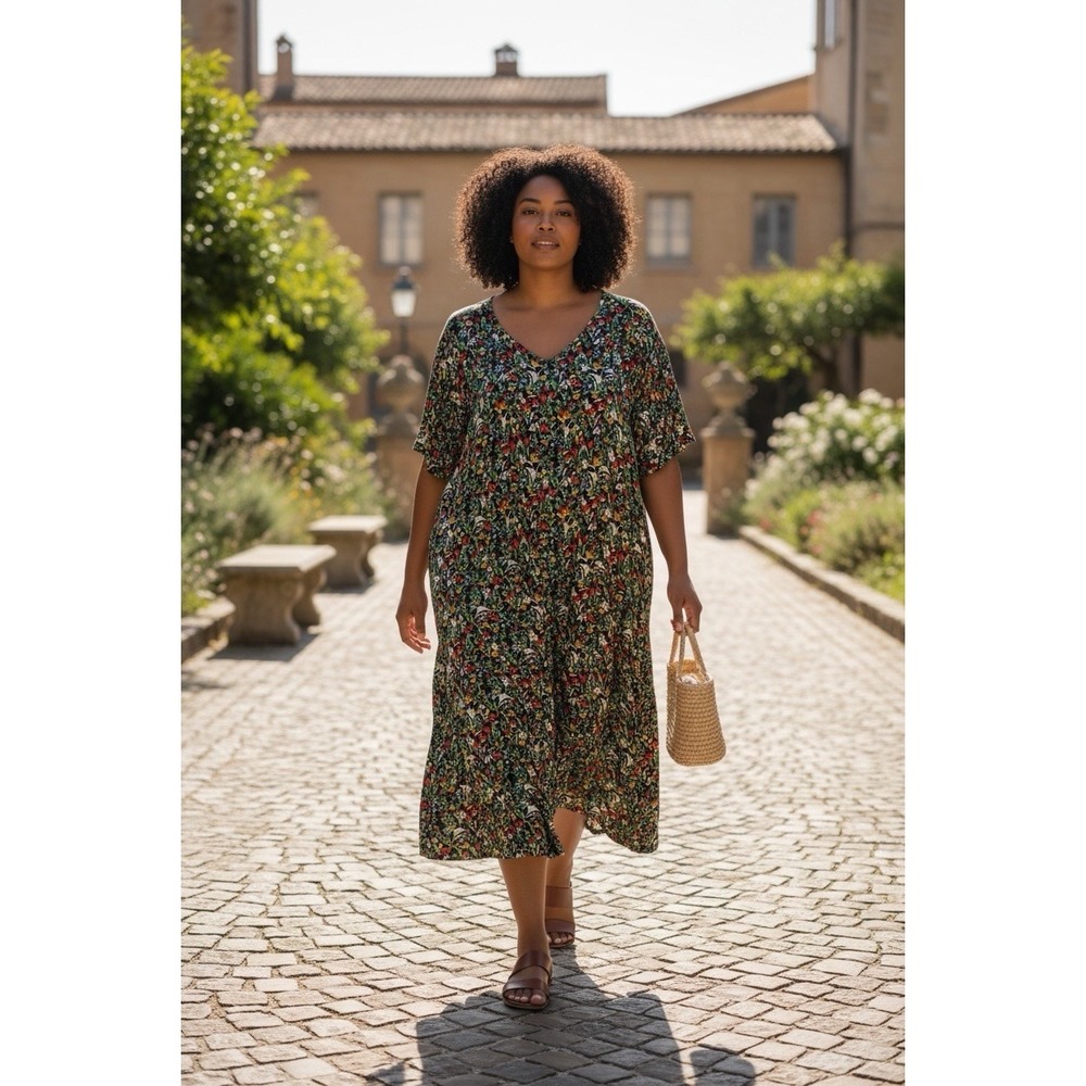 La Cera Plus Size 1X Black Floral Button-Up Scoop Neck Pockets MIDI Sundress